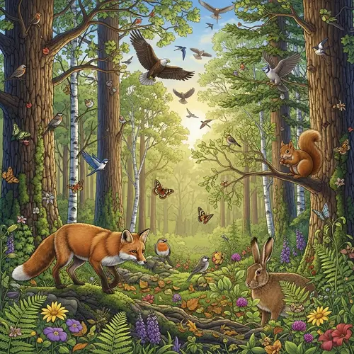 Enchanting Forest Illustration with Wildlife and Birds