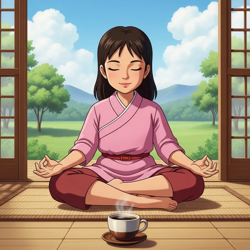 Anime Girl Yoga Meditation with Coffee - Serene Tranquility