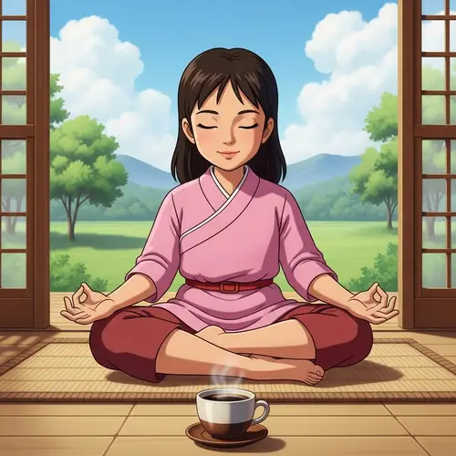 Yoga Meditation Pose with Coffee - Serene Anime Girl