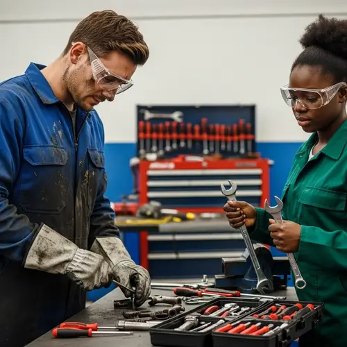 Professional Auto Repair Workshop: Male Mechanic & Female Apprentice