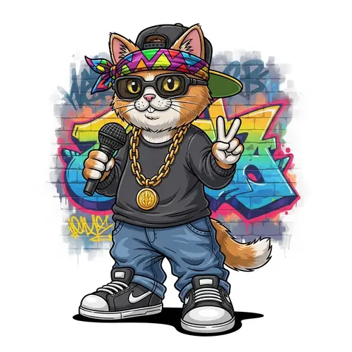 Cartoon Cat Rapper in Stylish Outfit | Hip-Hop Microphone Pose