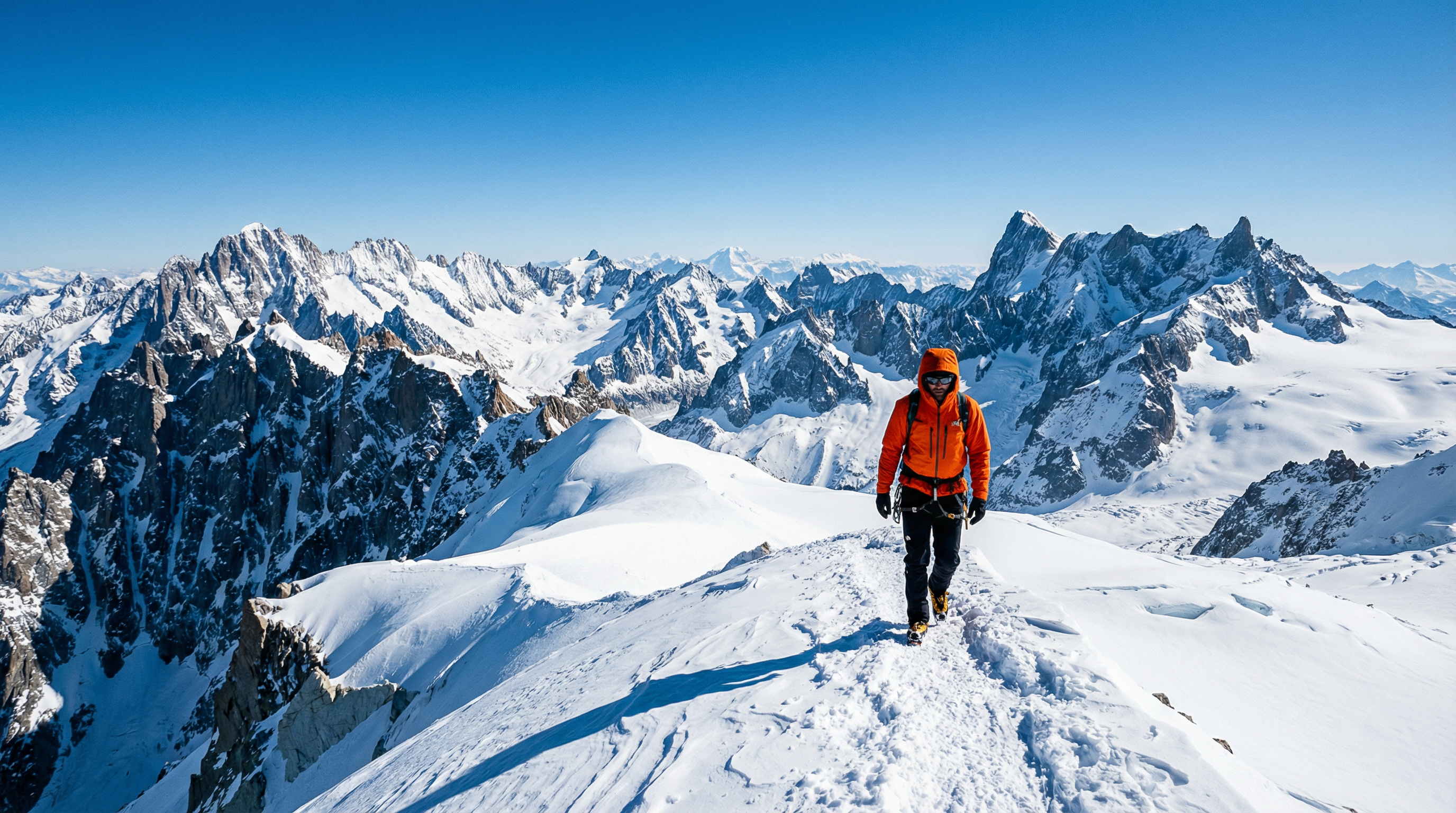 AI-generated image of a lone hiker walking along a snowy mountain ridge