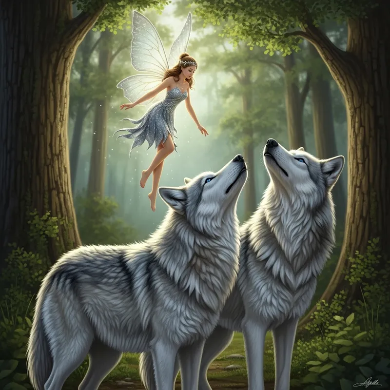 Enchanting Fairy and Majestic Wolves in Serene Forest - Un Hada con Lobos Enchanting Fairy and Majestic Wolves in Serene Forest - Un Hada con Lobos