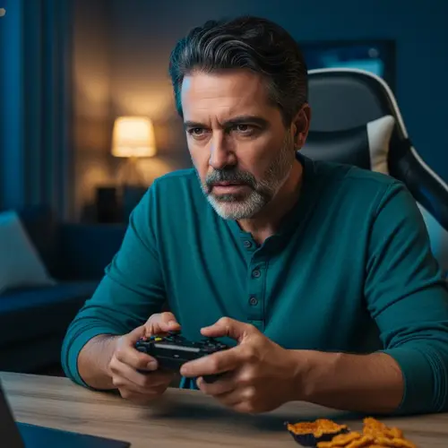 Middle-Aged Hispanic Man Playing Fortnite in Gaming Chair