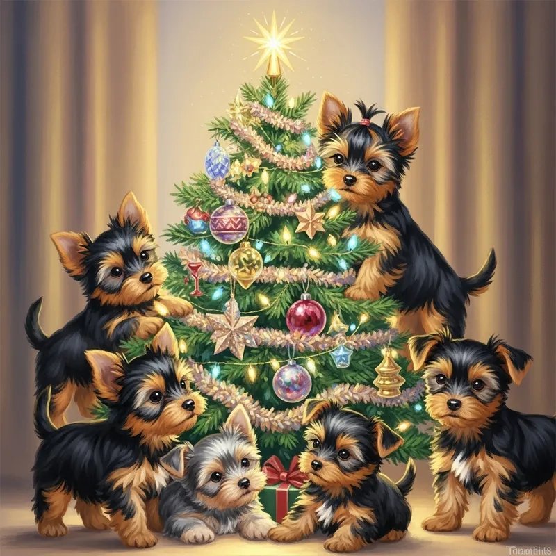Festive Yorkshire Terrier Puppies Playing by Christmas Tree Festive Yorkshire Terrier Puppies Playing by Christmas Tree