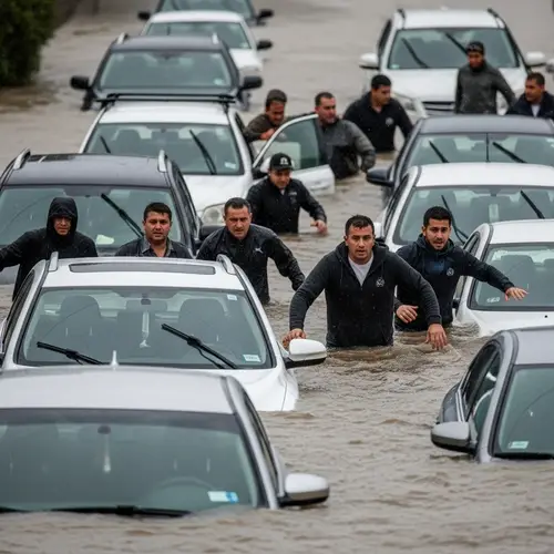 Alarming Flood Scene: Diverse Group Escaping from Submerged Vehicles