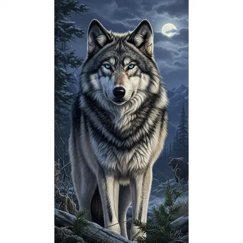 Vivid Depiction of Wolf in Untouched Moonlit Wilderness
