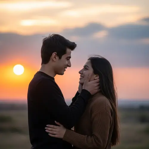 Young Kurdish Man Showing Affection to Wife at Sunset