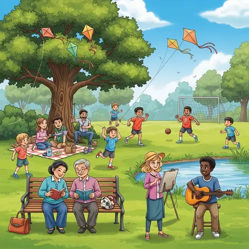 Weekend Scene in Diverse Green Park with Kite Flying and Picnic