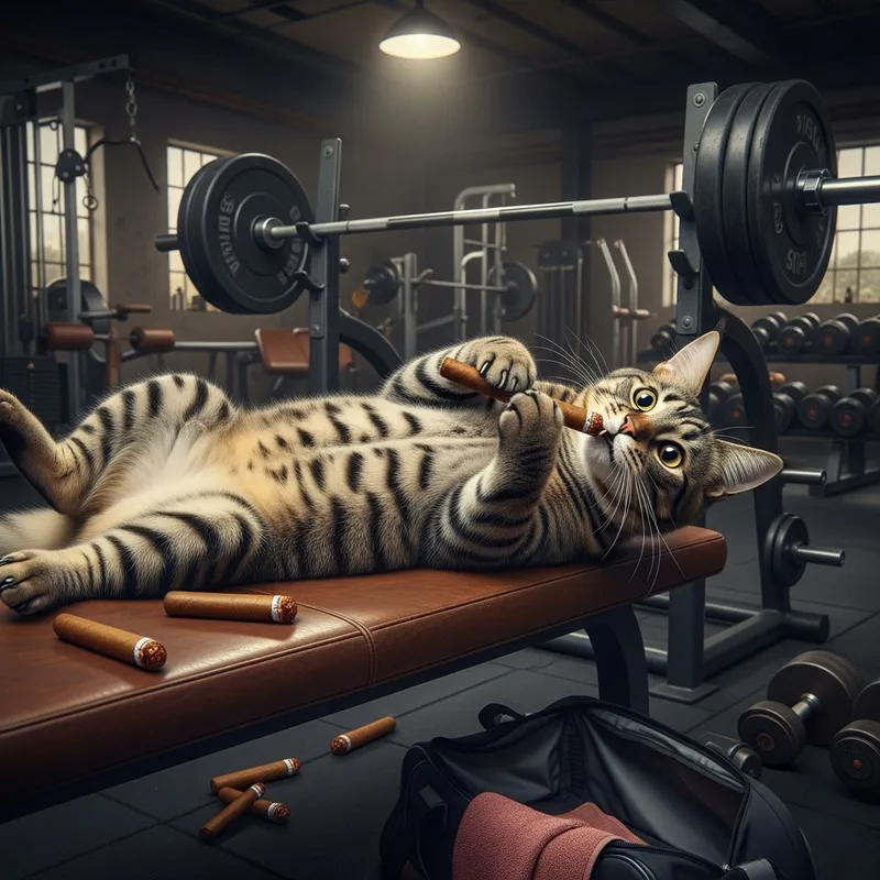 Cat in the Gym: Muscular Feline Relaxing with a Cigar