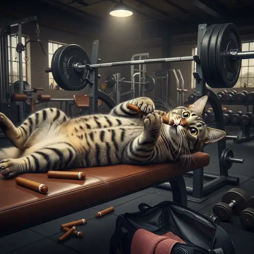 Gym Cat: Muscular Feline with 6-Pack Enjoying Cigar Treats
