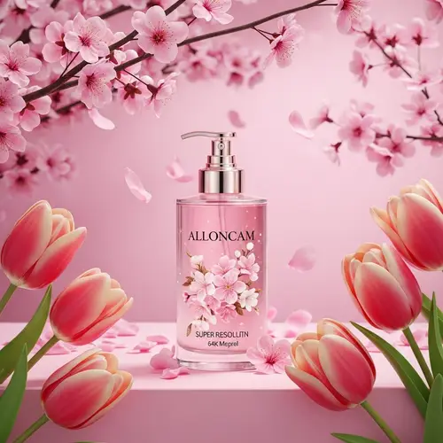 Exquisite Spring Cosmetic Bottle Scene with Detailed Lighting Techniques