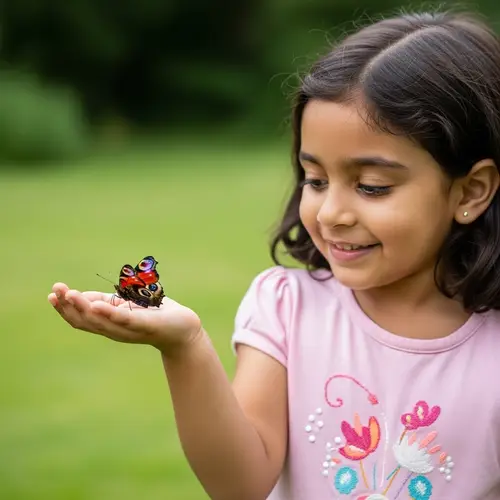 Joyful South Asian Girl with Vibrant Butterfly Outdoors