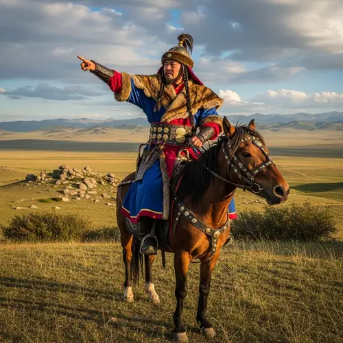 Historical Mongolian Leader in Traditional 13th Century Attire on Horseback