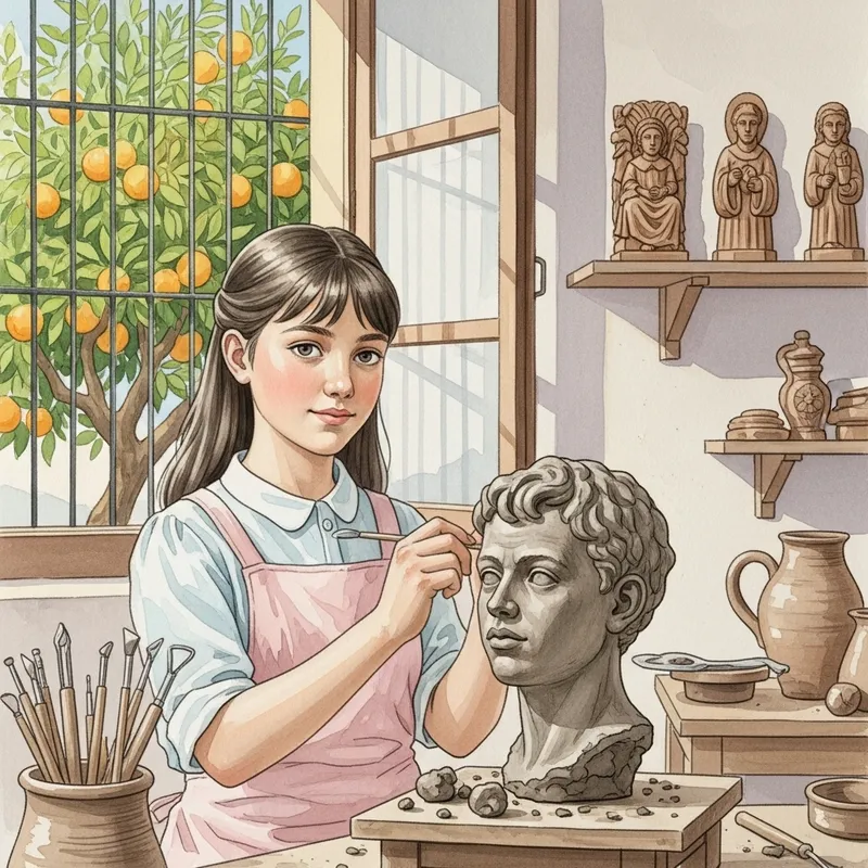 Andalusian Watercolor Scene: Girl Sculpting Clay Bust in Andalusia