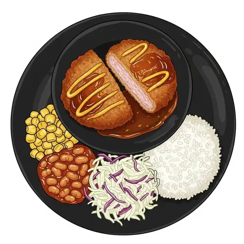 Cartoonish Tonkatsu Gourmet Scene with Steamed Rice