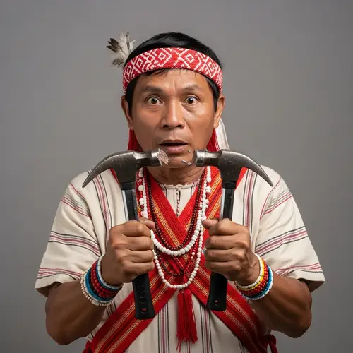 Aeta Man in Traditional Clothing with Broken Hammer