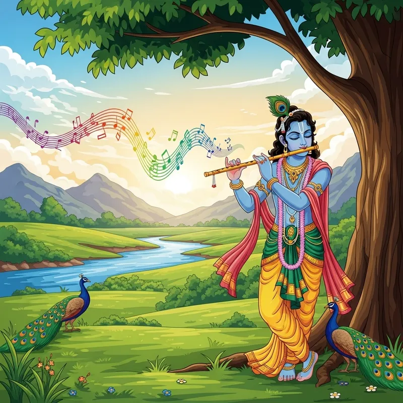 Krishna Playing Flute in Tranquil Landscape