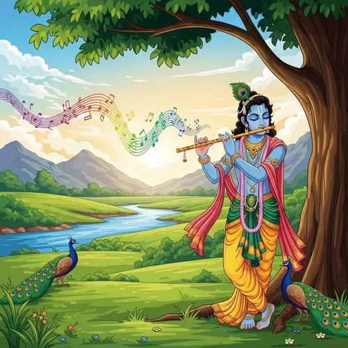 Krishna Playing Flute in Serene Landscape