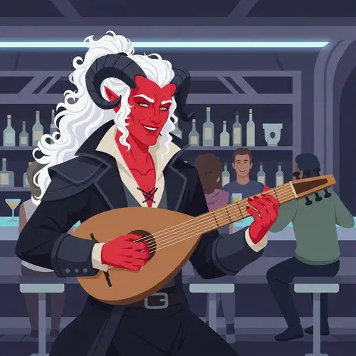 Fantasy Sci-Fi Tiefling Musician in a Space Bar - Art
