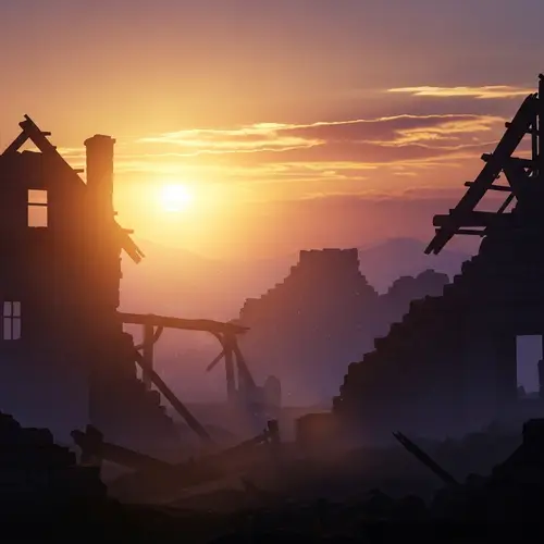 Translucent Colors in a Ruined Village Scene