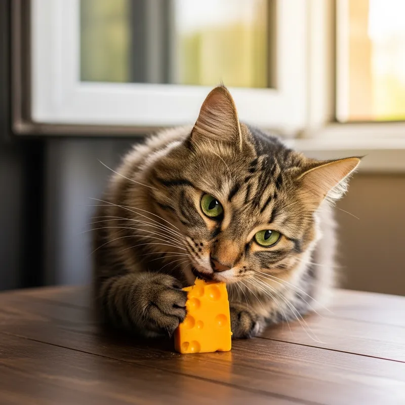 Captivating Cat Eating Cheese on Wooden Table