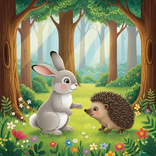 Enchanting Forest with Rabbit and Hedgehog - Magical Scene