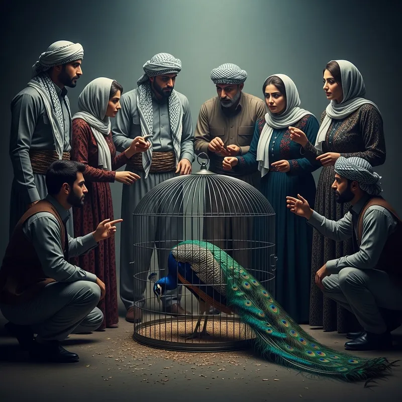 Captivating Scene: Majestic Peacock & Intense Kurdish Confrontation
