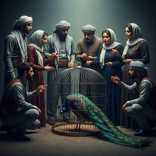 Dramatic Peacock Scene with Kurdish Figures - Emotional Capture