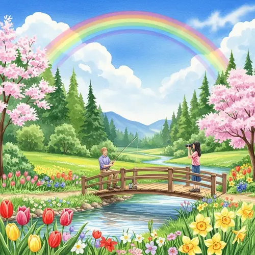 Spring Watercolor Landscape with Rainbow, River, and Bridge
