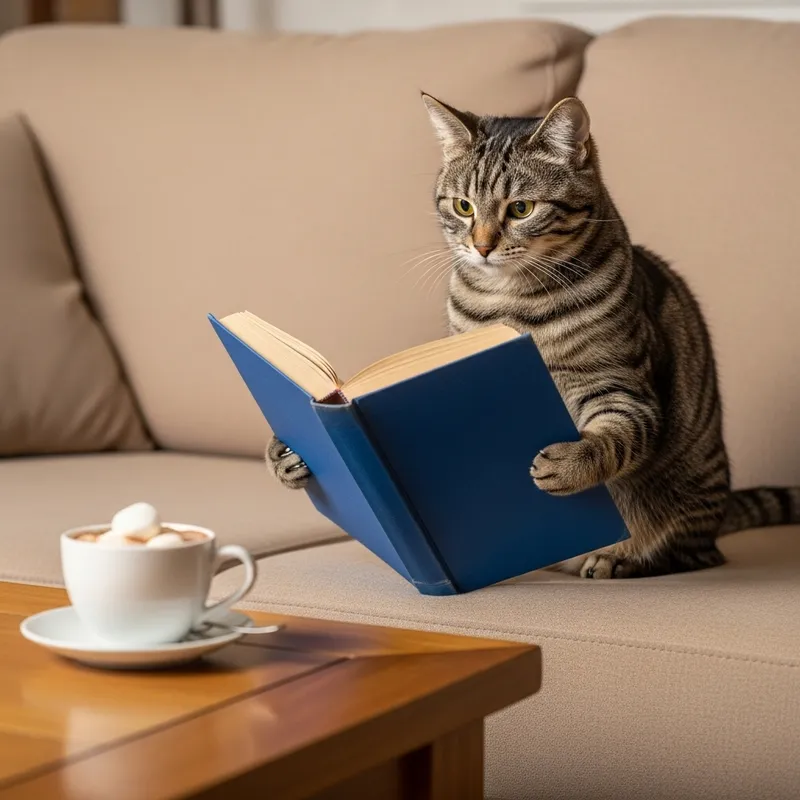 Adventurous Cat Reading a Novel on Cozy Sofa