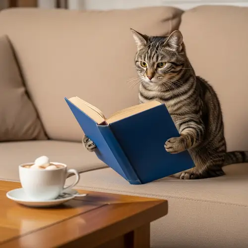 Charming Cat Reading Adventure on Beige Sofa