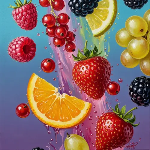 Colorful Impressionist Painting of Fruits and Berries in Juicy Motion