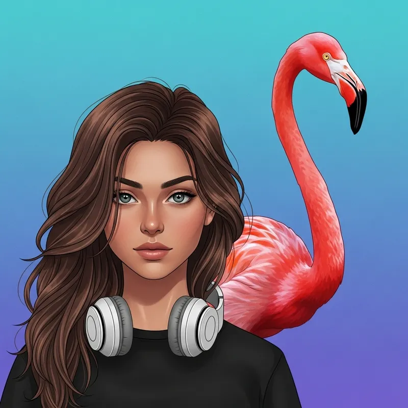 Swarthy Girl with Stunning Eyes Next to Flamingo on Blue Background