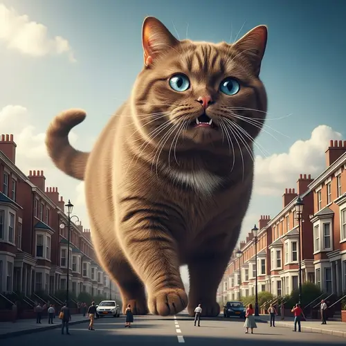 Chunky British Cat Walking Through City - Hyperrealism Style