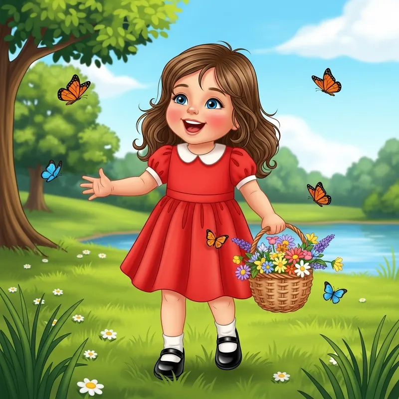 Adorable Little Girl with Long Wavy Brown Hair Laughing in Green Park