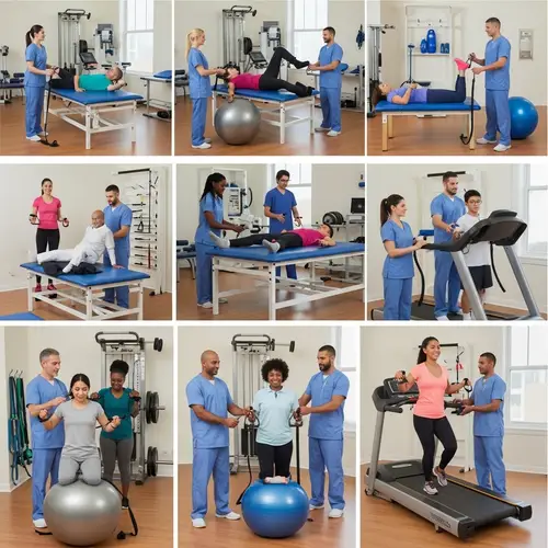 Modern Physical Therapy Room with Skilled Therapists & Diverse Patients