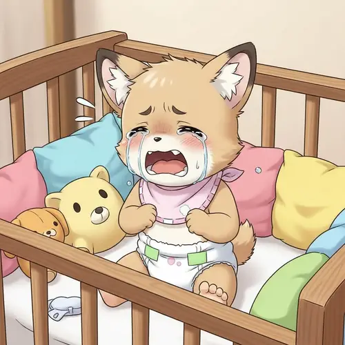 Anime-styled Crying Furry Animal in Diaper & Bib | Cute Art