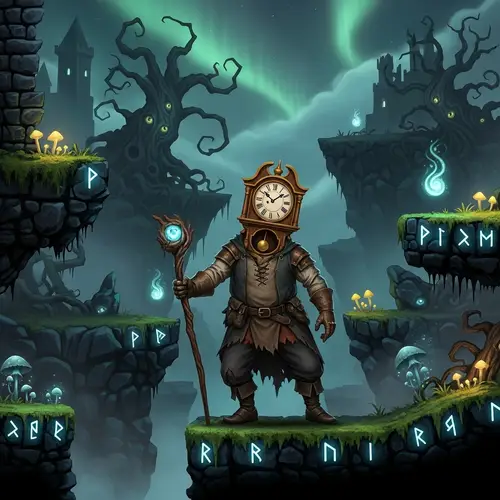 Mystical Medieval Platformer Game with Clock Head Character