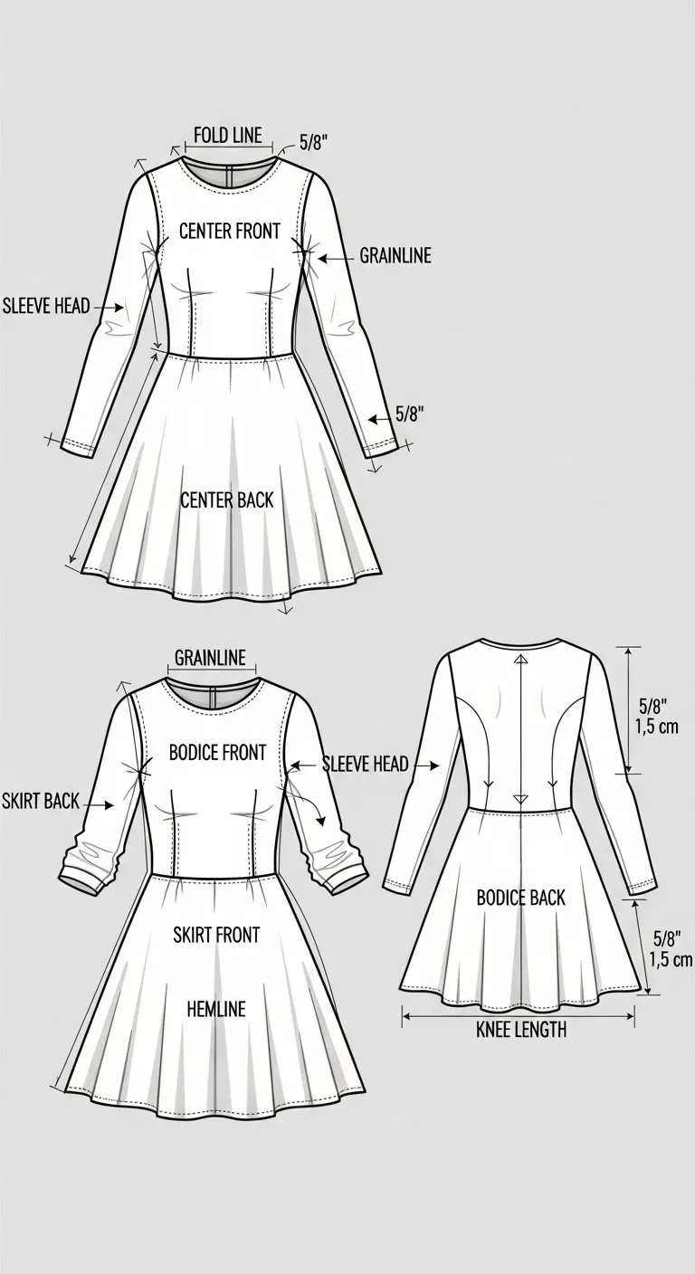 Detailed Skater Dress Pattern Sketch with Long Sleeves
