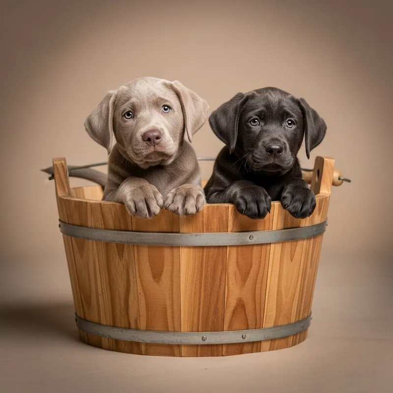 Silver and Charcoal Labrador Puppies in a Bucket