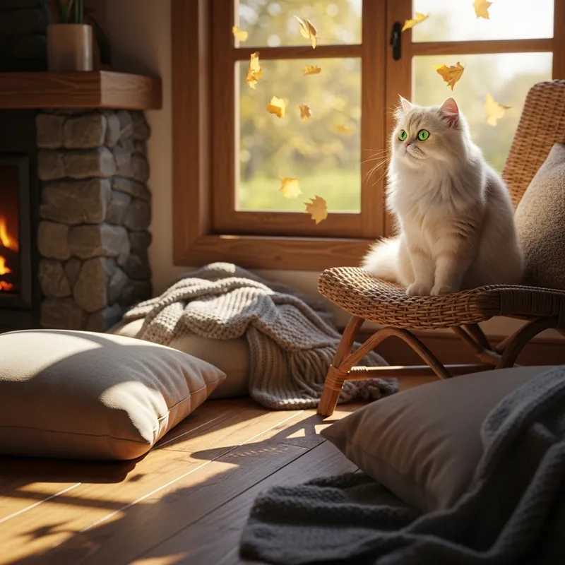 Beautiful Cream Persian Cat Admiring Autumn Scenery