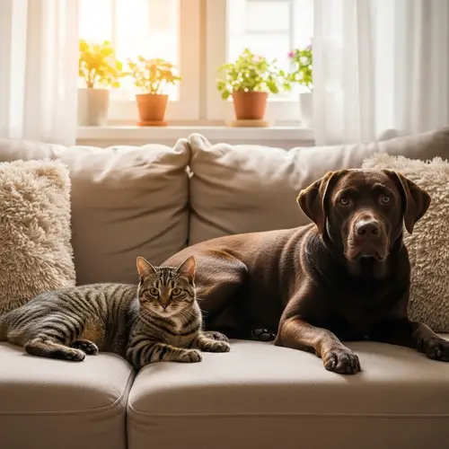 Playful Cat and Dog on Sofa by the Window
