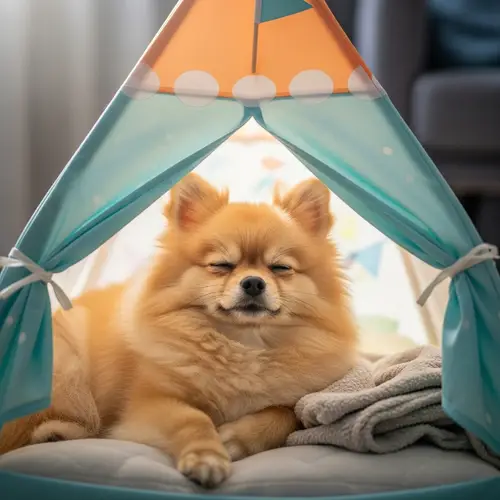 Fluffy Pomeranian Dog Sleeping Comfortably in Small Tent