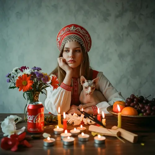 Russian Girl in Traditional Attire on Decorated Table