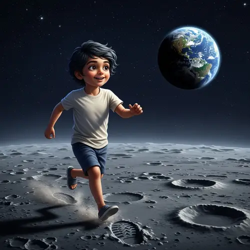 Young South Asian Boy Running on the Moon | Enchanting Scene