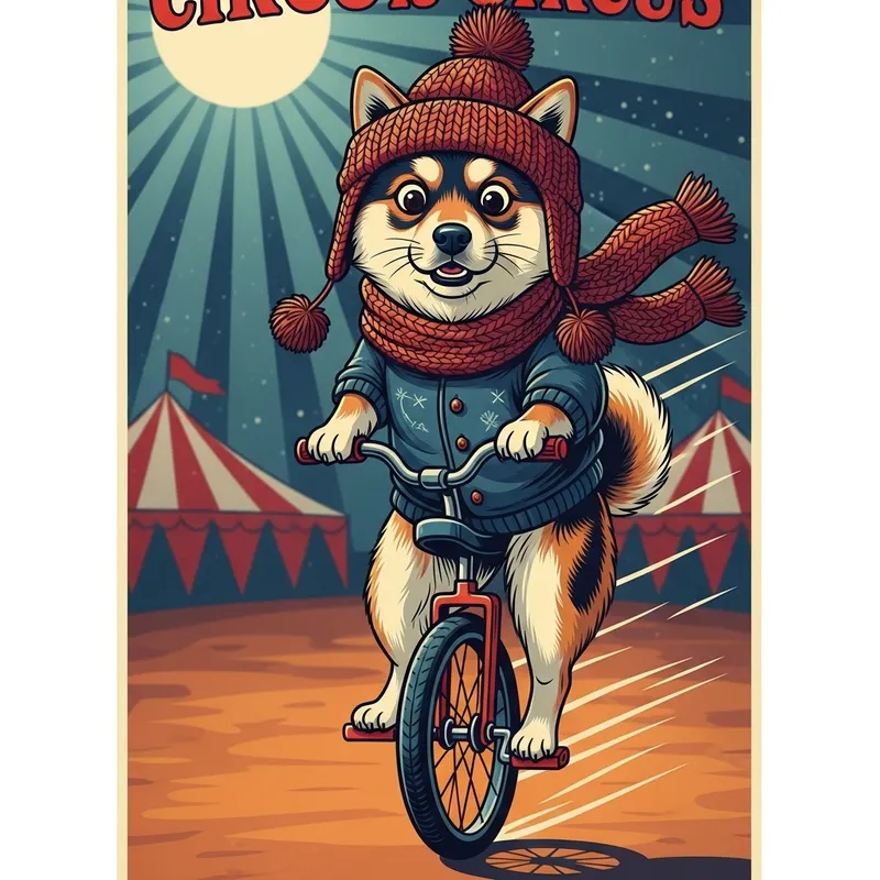 Vintage Circus Shiba Dog Balancing on Unicycle in Moonlight