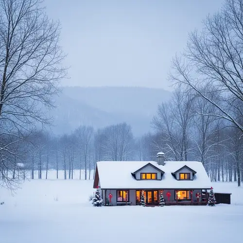 Serene Winter Scene: Snow-Covered House in Tranquil Setting
