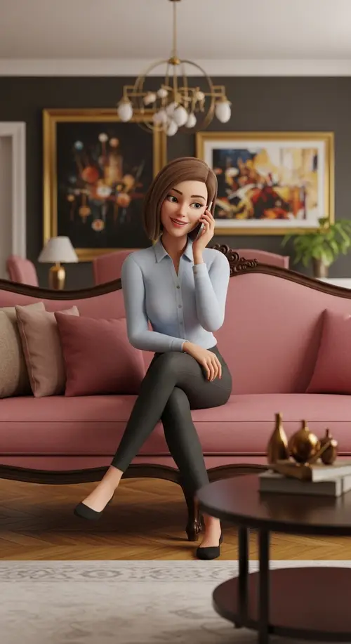 Contemporary Woman in Opulent Living Room - 3D Animation Style