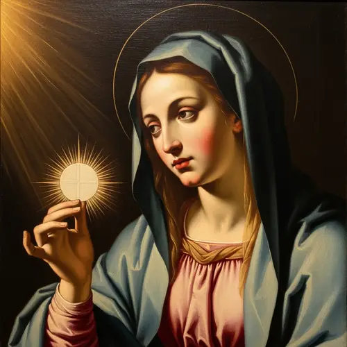 Renaissance Inspired Religious Art with Blessed Virgin Mary and Eucharist Host